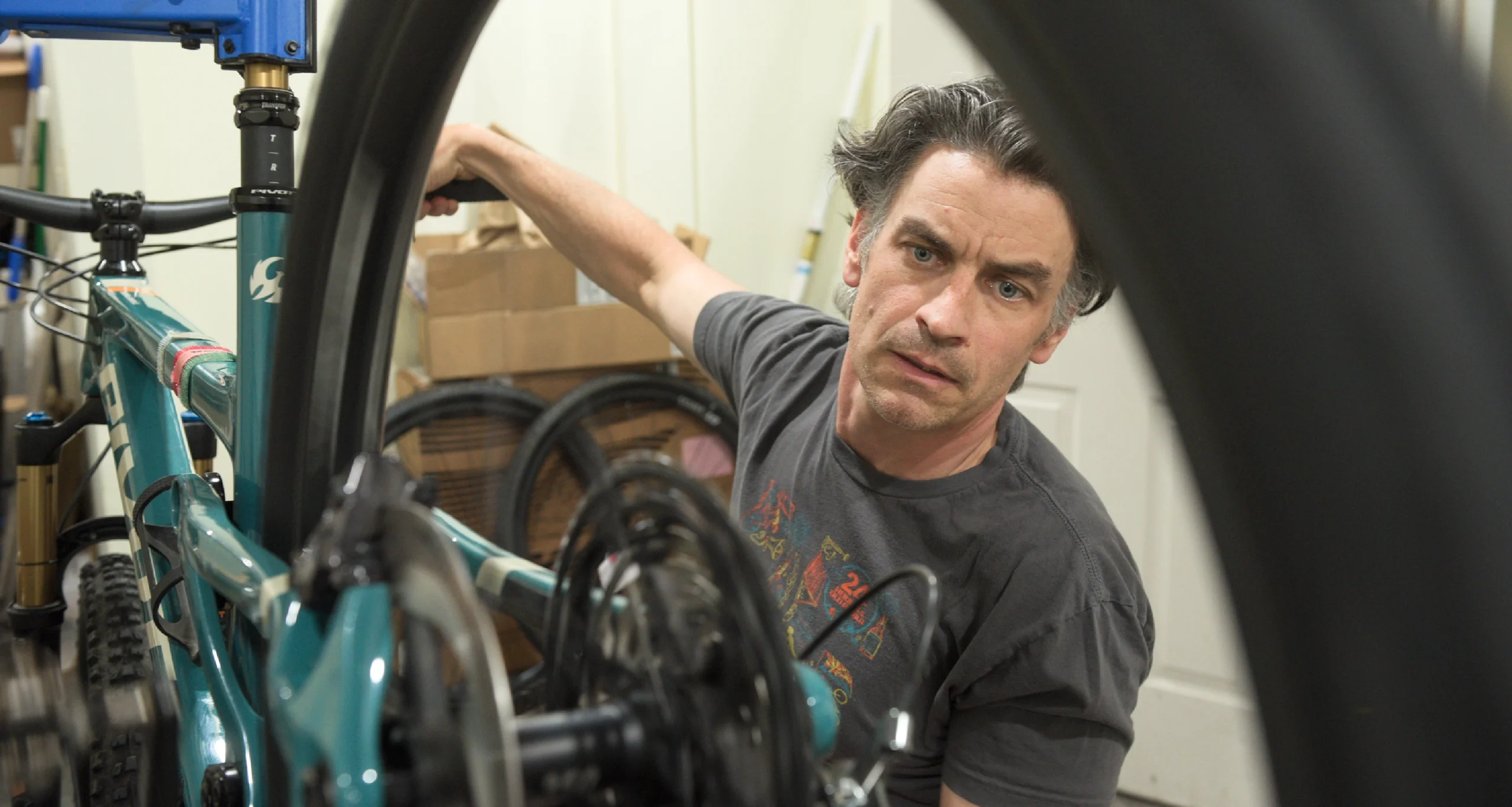A white middle aged man in a gray tee shirt is looking intently at the wheel of a bicycle.
